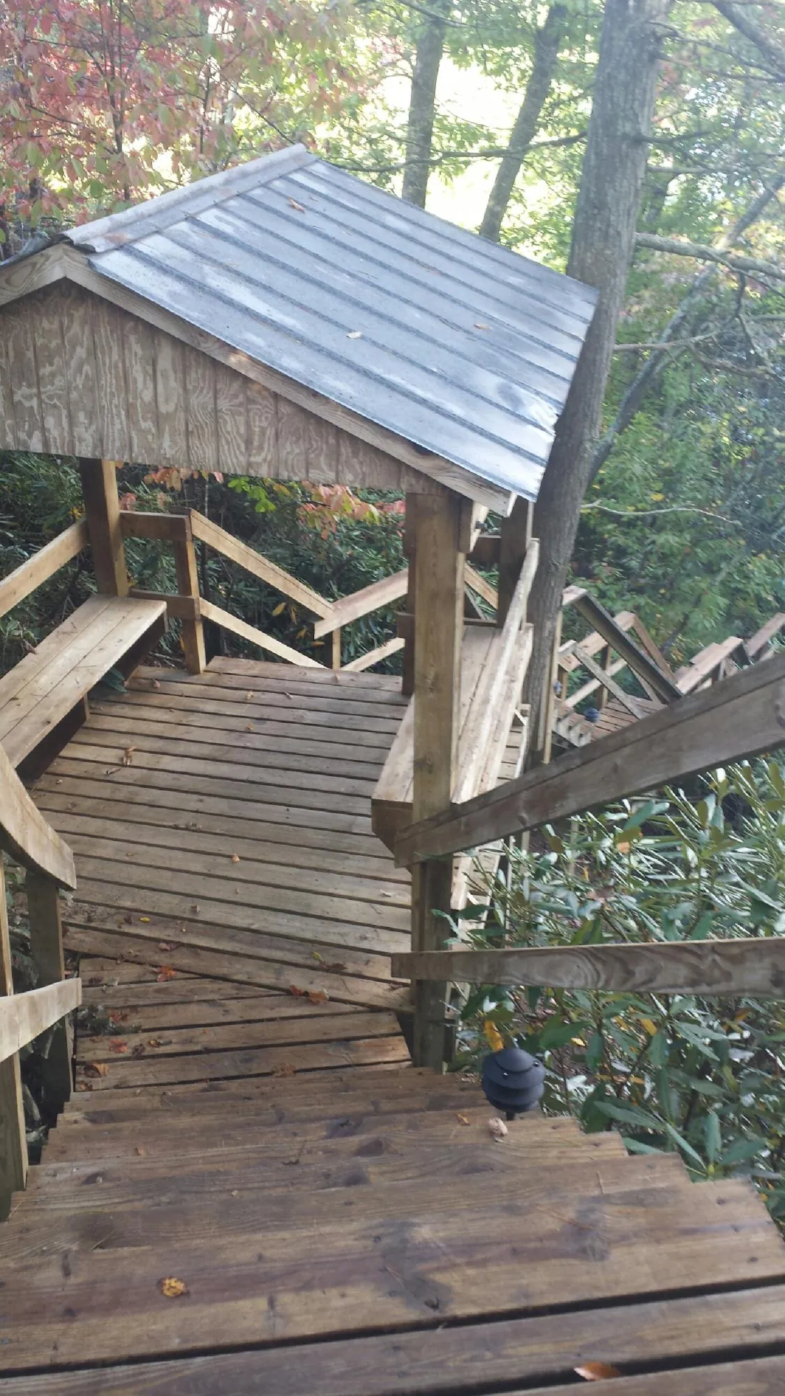 Metal roofed shelter over wooden steps on a wooded walkway — Skylight Repair & Installation work by our crew in Calvin